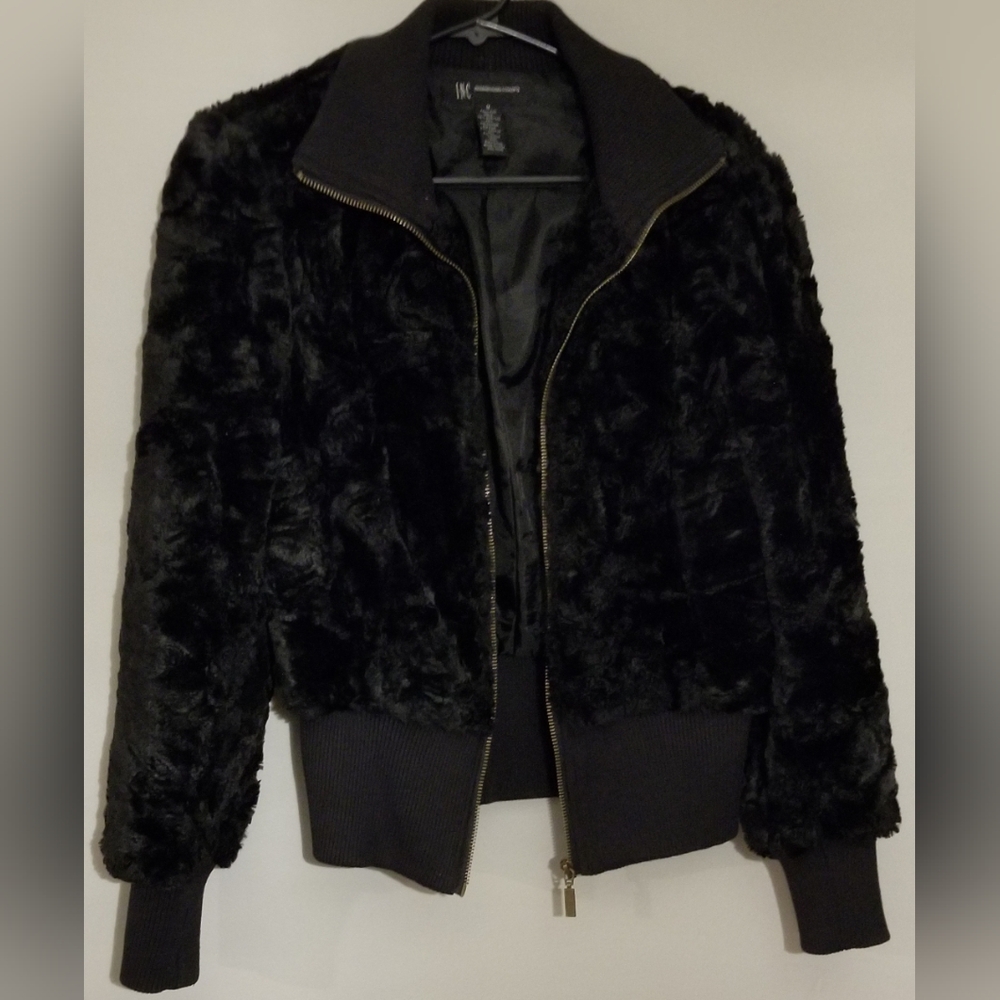INC International Concepts, faux fur zip-up jacket w/ elastic collar/waste, Med.